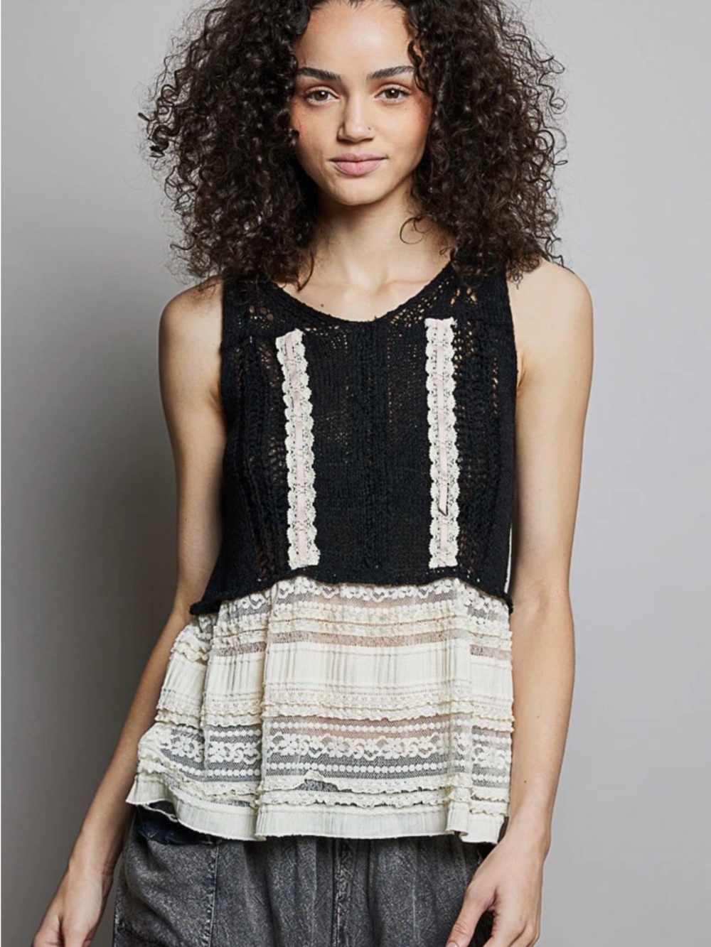POL Black Knit Camisole with Cream Lace-Tiered Hem